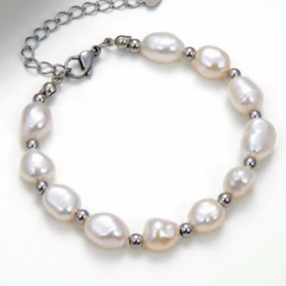 Pearl Bracelet,Real Freshwater Pearls Bracelet,Oval Shape Pearl Beads,Handmade - Picture 1 of 1